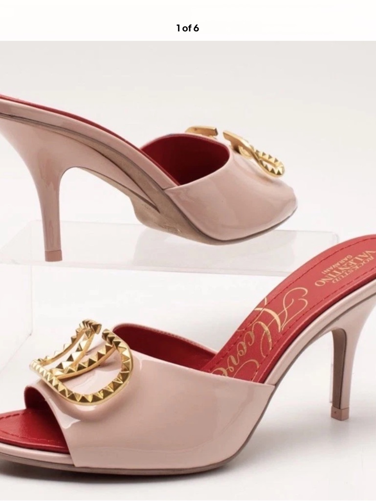 Valentino Blush Patent Leather Mule With Gold Stud Embellishment And Red Insole